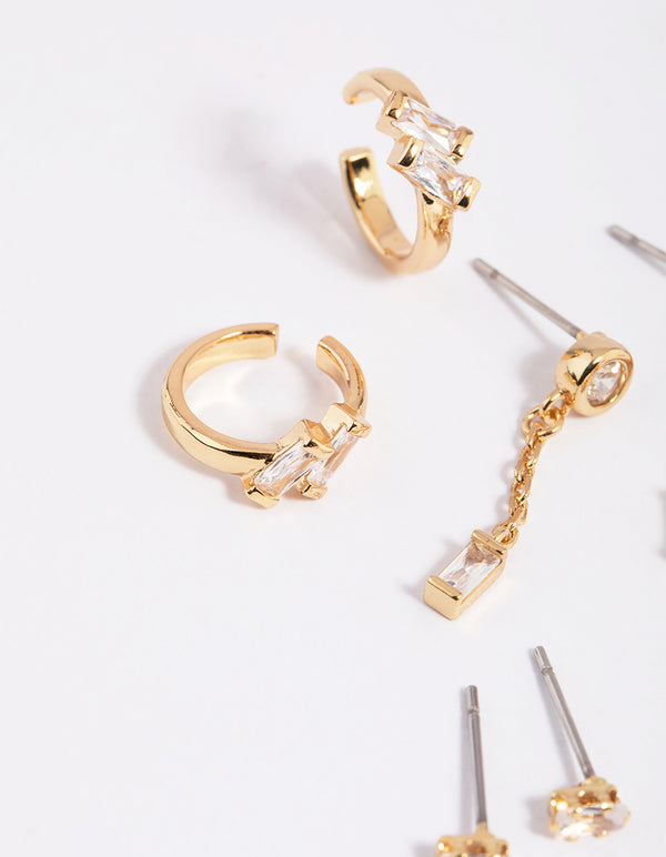 Gold Cubic Zirconia Baguette Stud Earring 8-Pack