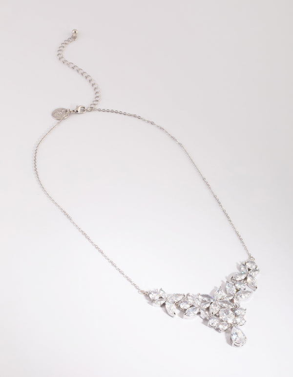 Silver Cubic Zirconia Floral Statement Necklace