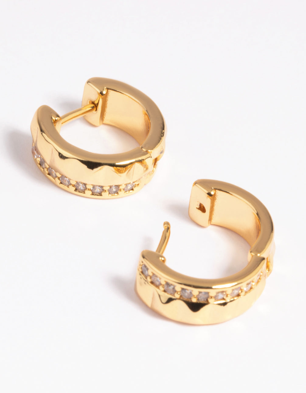 Gold Plated Cubic Zirconia Textured Huggie Hoop Earrings