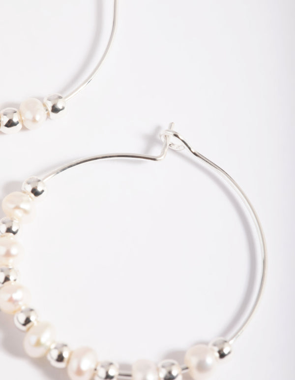 Silver Plated Wire Pearl Hoop Earrings