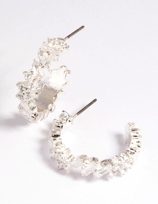 Silver Cubic Zirconia Baguette Hoop Earrings