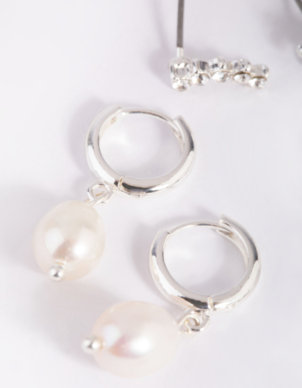 Silver Diamante & Freshwater Pearl Huggie Hoop Earrings