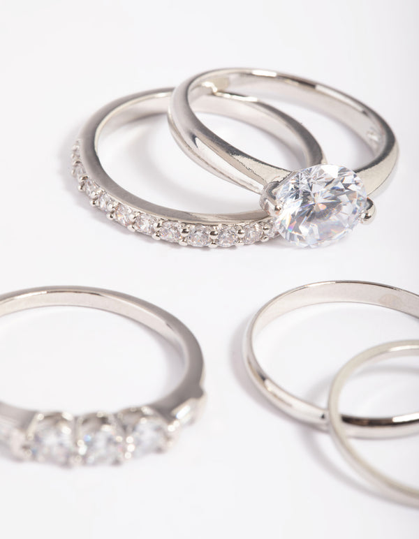 Silver Cubic Zirconia Solitaire Ring Stack Pack