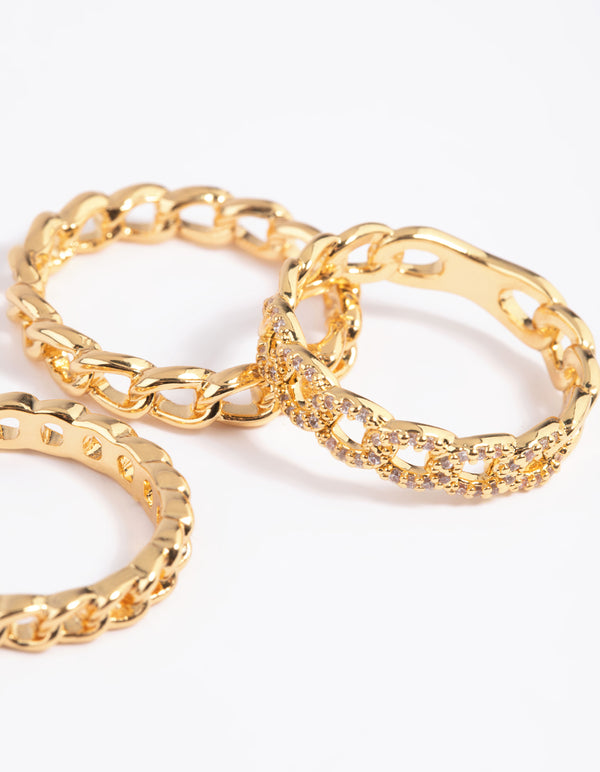 Gold Plated Cubic Zirconia Chain Ring Pack