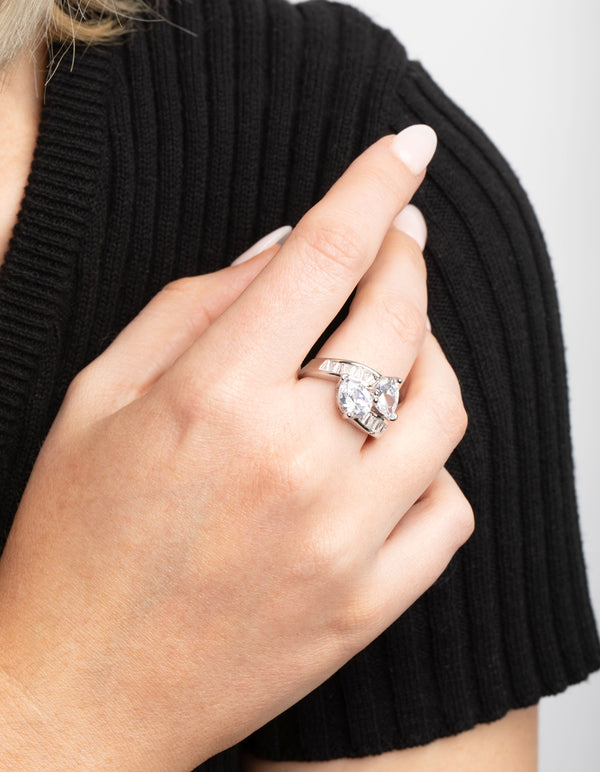 Silver Cubic Zirconia Pear Cross Over Ring