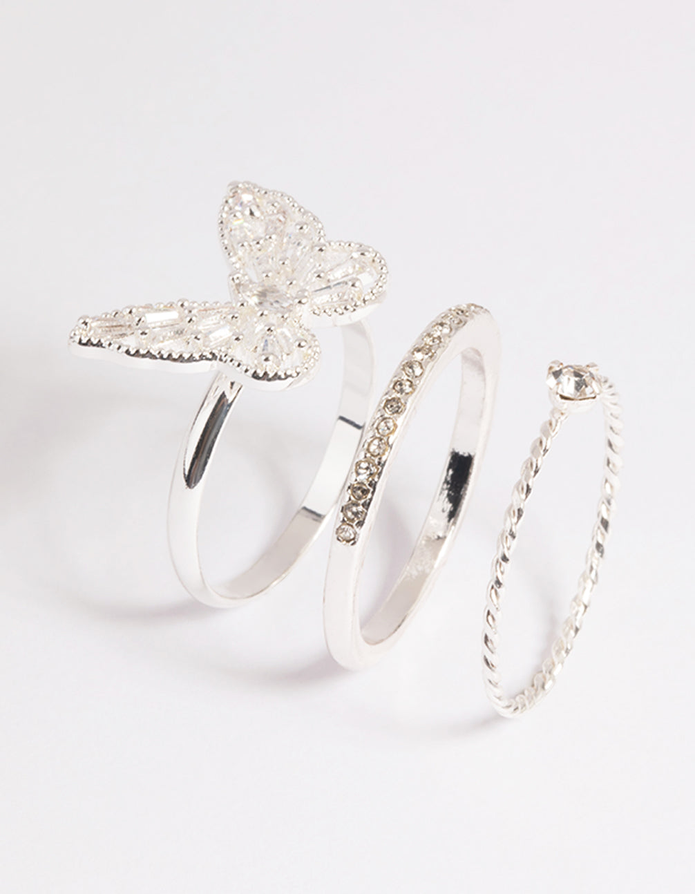 Silver Cubic Zirconia Butterfly Ring Stack Pack