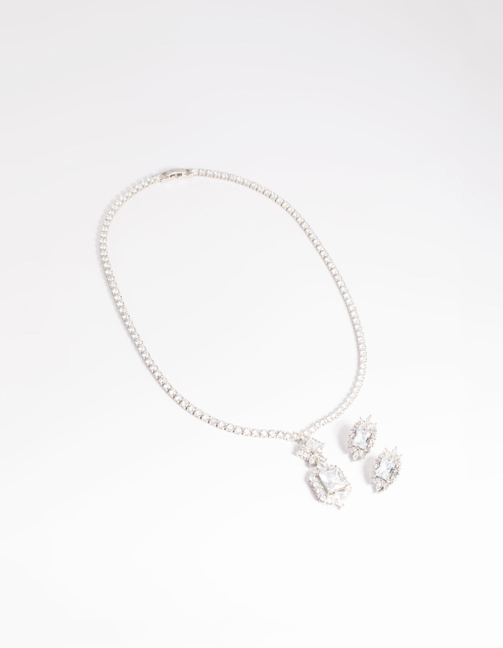 Silver Diamond Simulant Vintage Necklace & Earrings Set