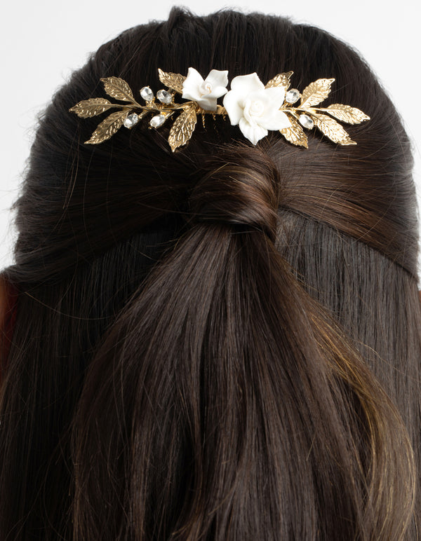 Gold Diamante Floral Comb