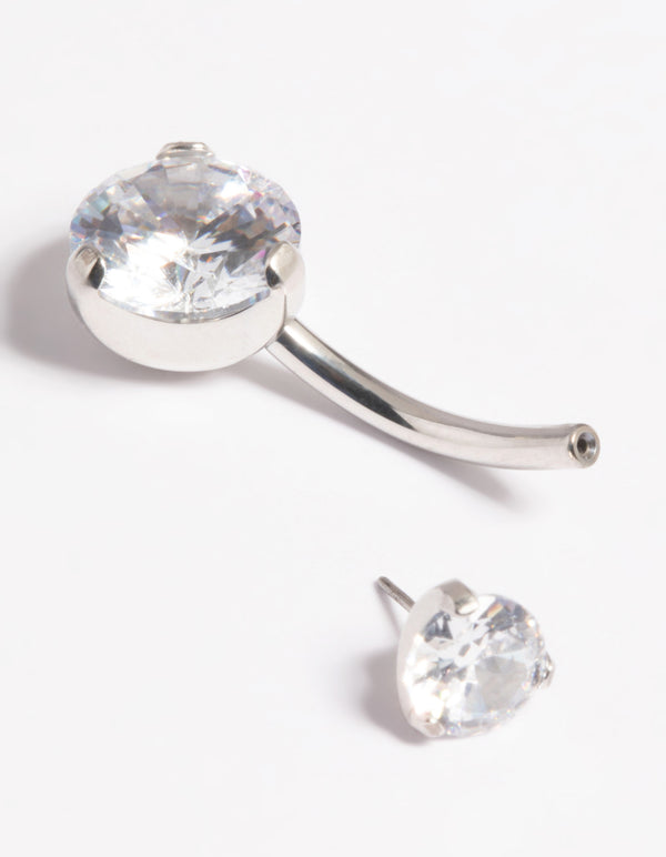 Platinum Plated Threadless Cubic Zirconia Belly Bar