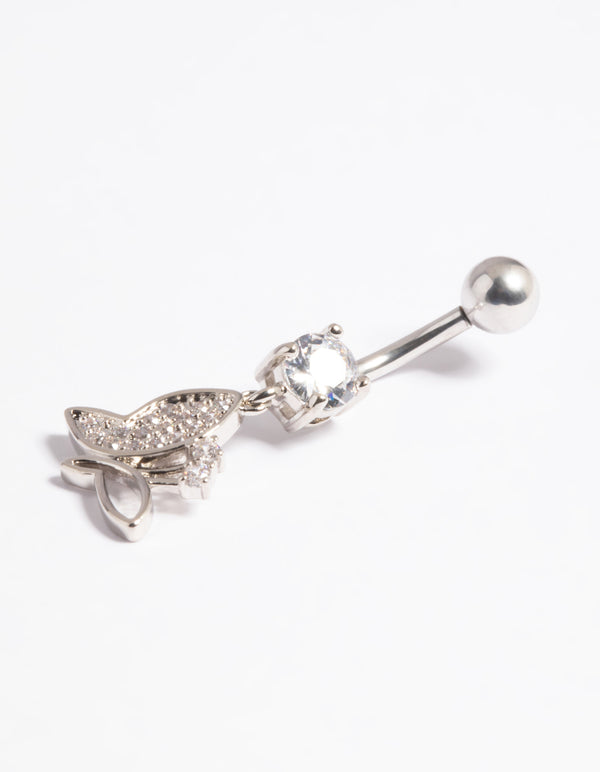 Platinum Plated Titanium Threadless Pave Butterfly Belly Bar