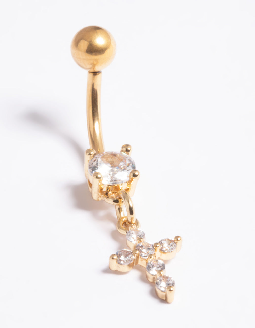 Gold Plated Titanium Threadless Cubic Zirconia Cross Belly Bar