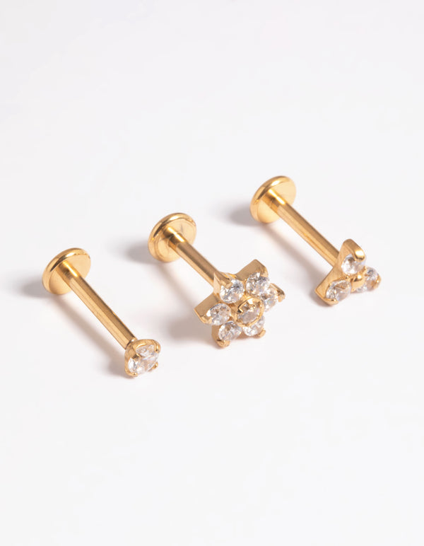 Gold Plated Titanium Threadless Cubic Zirconia Flower Flat Back Pack