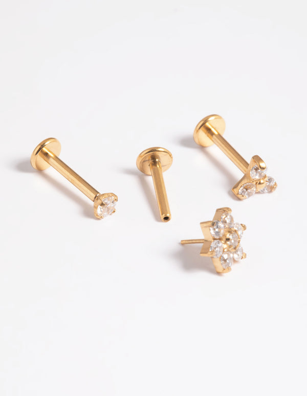 Gold Plated Titanium Threadless Cubic Zirconia Flower Flat Back Pack