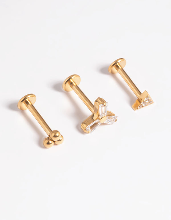 Gold Plated Titanium Threadless Cubic Zirconia Fan Flat Back Pack