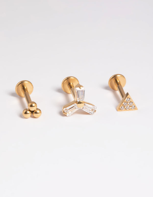 Gold Plated Titanium Threadless Cubic Zirconia Fan Flat Back Pack