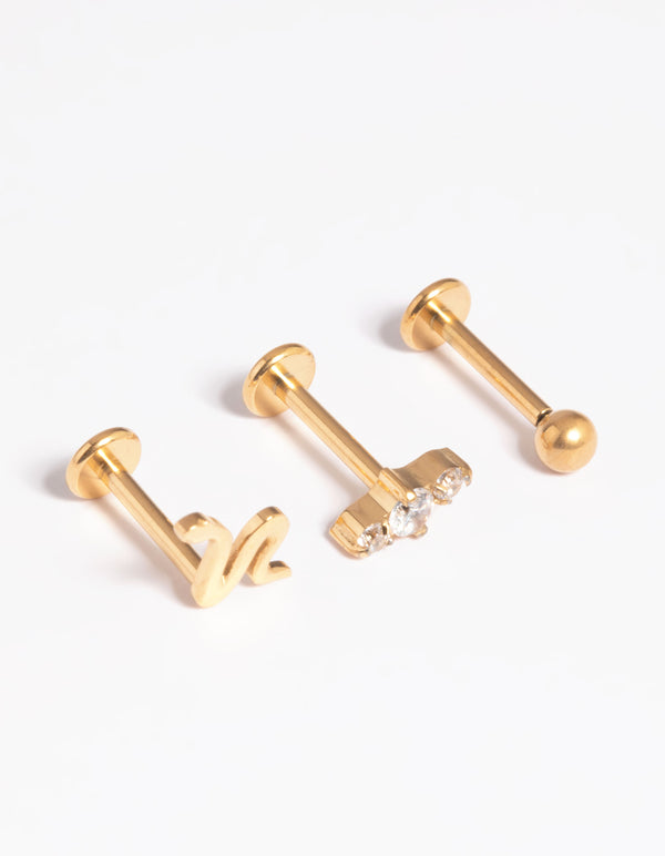 Gold Plated Titanium Threadless Cubic Zirconia Snake Flat Back Pack