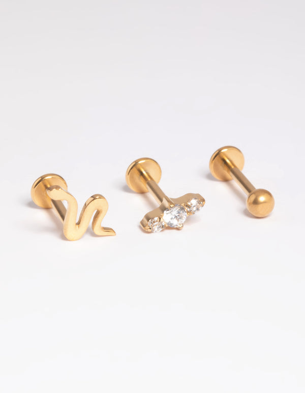 Gold Plated Titanium Threadless Cubic Zirconia Snake Flat Back Pack