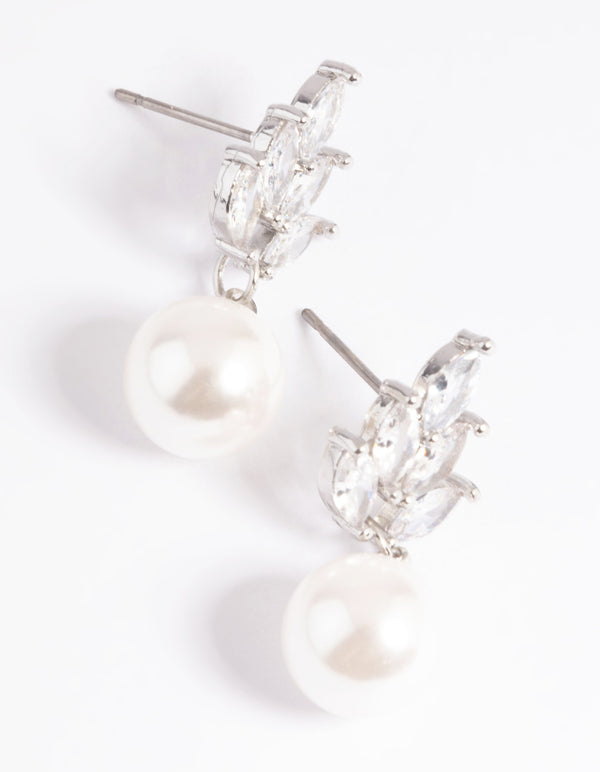 Silver Cubic Zirconia Pearl Leaf Drop Earrings