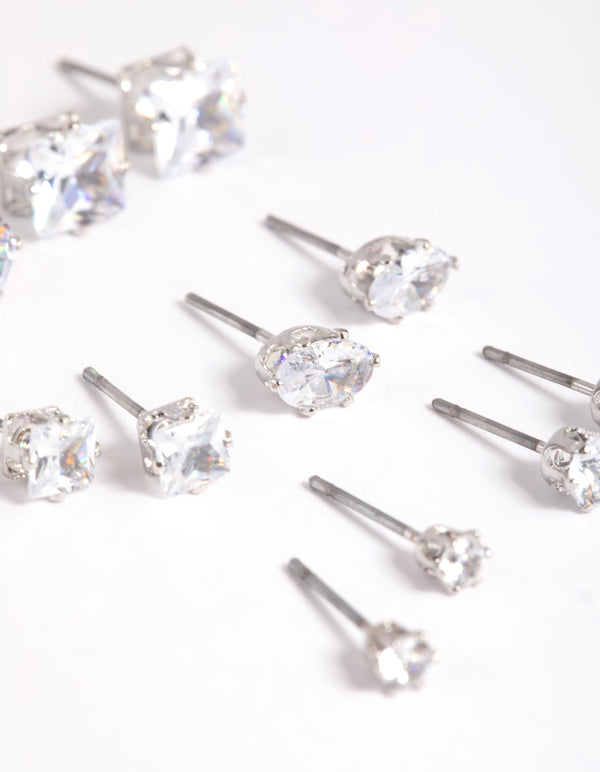 Silver Diamond Simulant Stud Earring 6-Pack