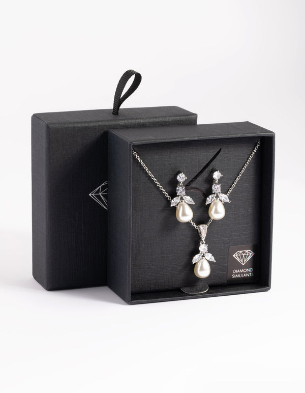 Silver Diamond Simulant Flower Pearl Necklace & Earrings Set