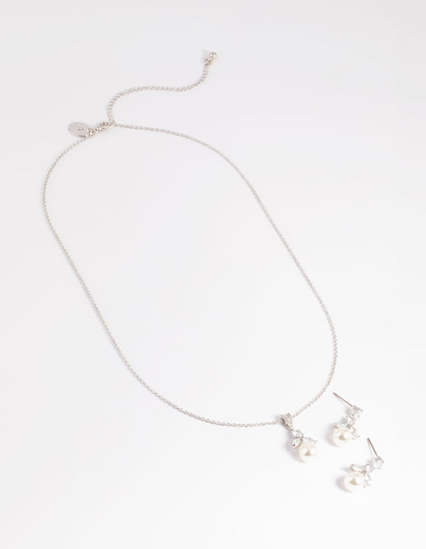 Silver Diamond Simulant Flower Pearl Necklace & Earrings Set