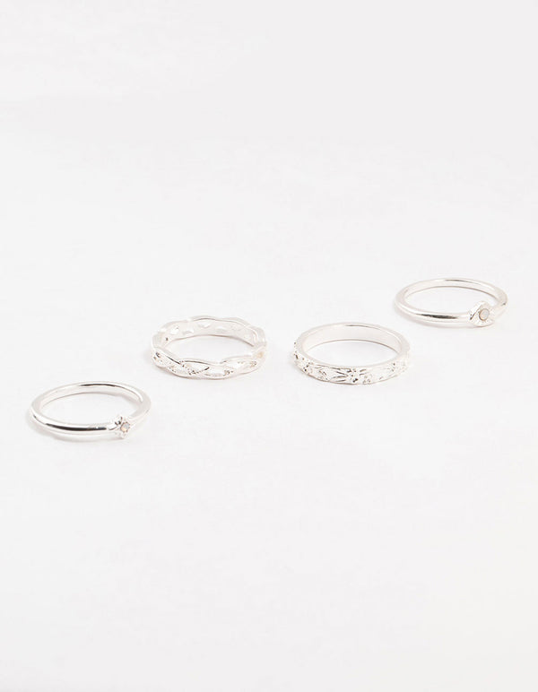 Silver Stone & Braid 4-Pack Rings
