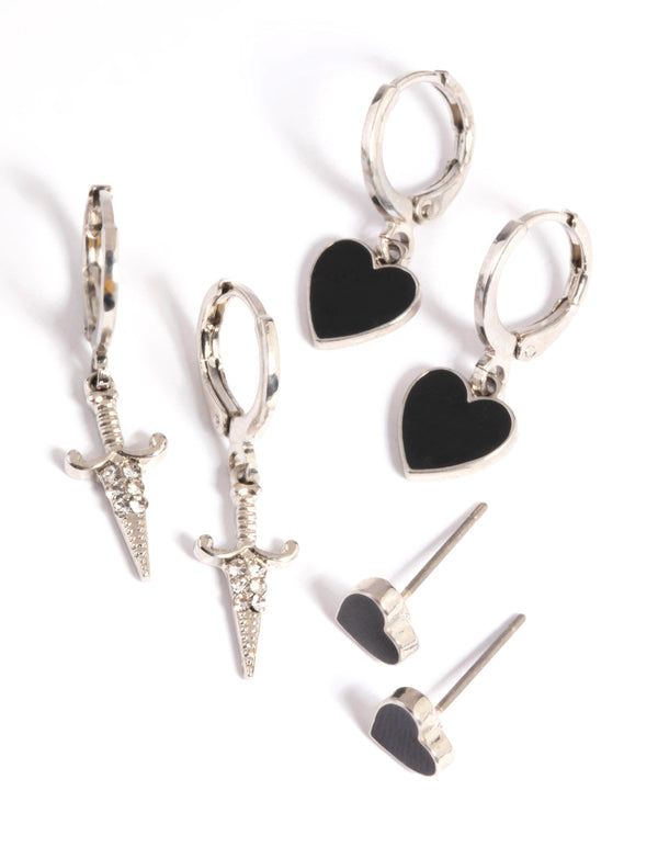 Silver Heart Flame Earring Stack Pack