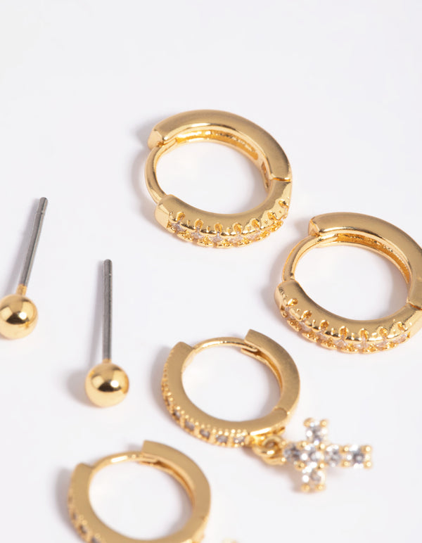 Gold Plated Brass Cubic Zirconia Pave Cross Earring Stack 6-Pack