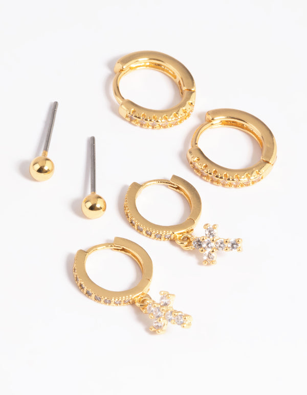 Gold Plated Brass Cubic Zirconia Pave Cross Earring Stack 6-Pack