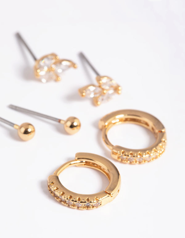Gold Plated Brass Cubic Zirconia Leaf Earring Stack 6-Pack