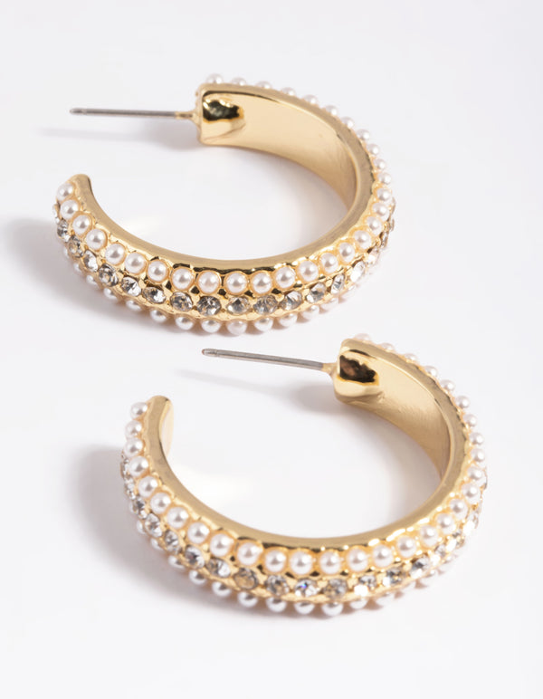 Gold Plated Diamond & Pearl Large Hoop Earrings