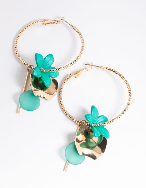 Gold Disc & Flower Cluster Hoop Earrings
