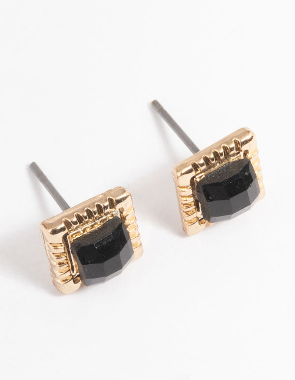 Gold Square Stone Stud Earrings