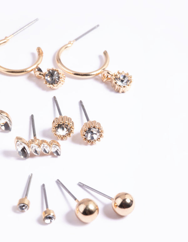 Gold Plain Diamante Stud Earrings 8-Pack