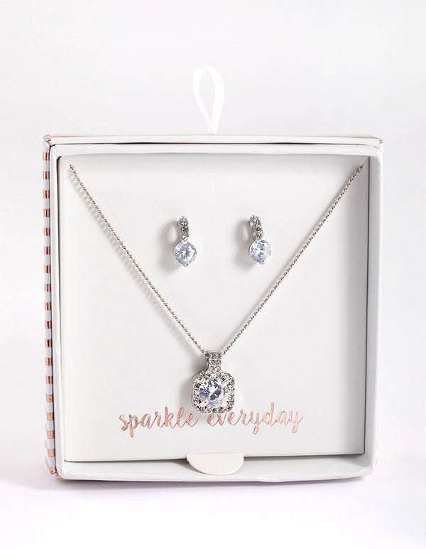 Silver Square Halo Necklace & Stud Earrings