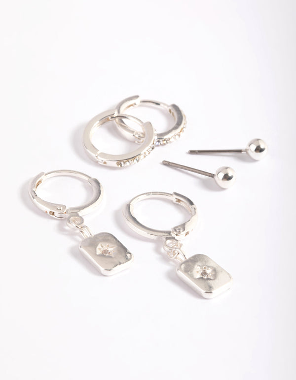 Silver Plated Brass Cubic Zirconia Celestial Stud Earrings 6-Pack