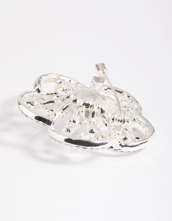 Silver Diamante Pearl Flower Brooch