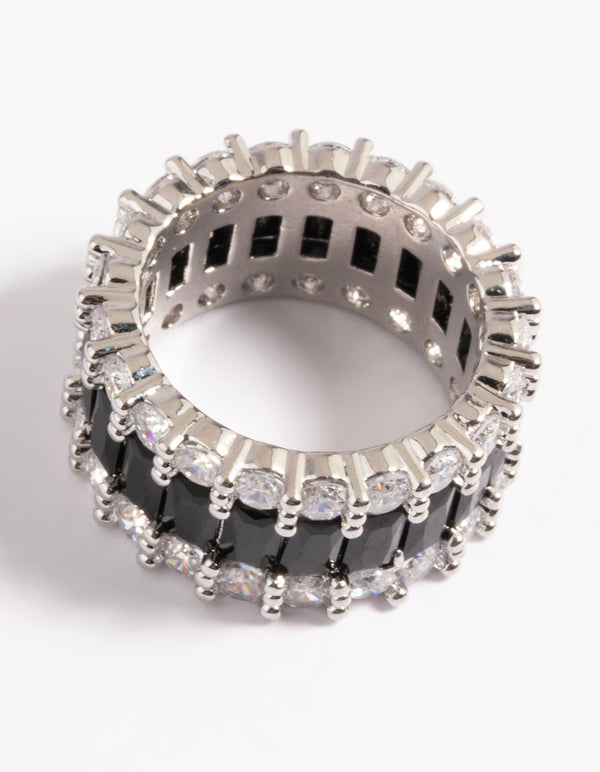 Rhodium Cubic Zirconia Large Baguette 3-Row Ring