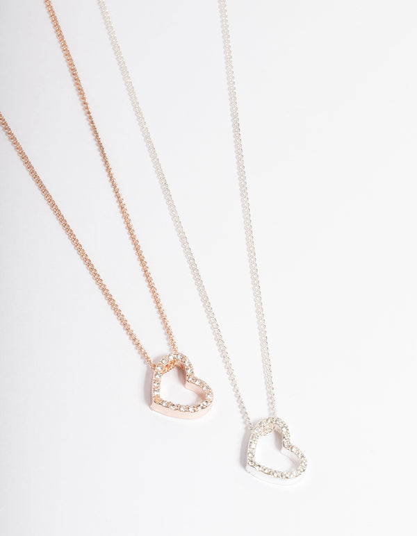Mixed Metal Diamante Side Heart Necklace Pack