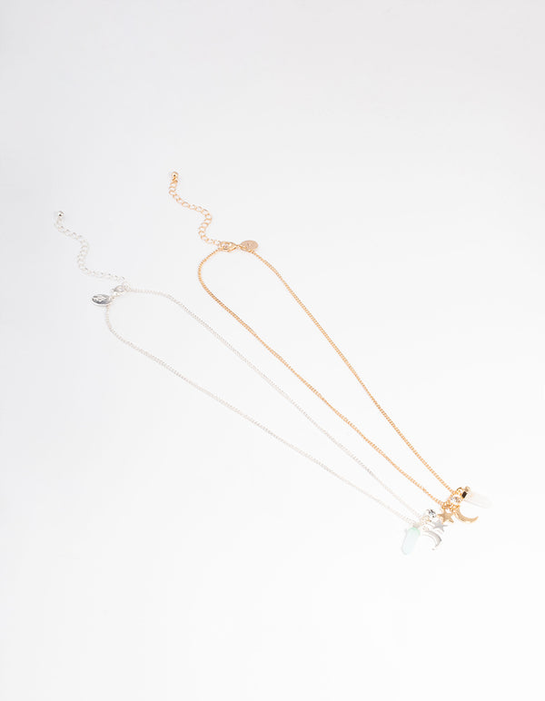 Mixed Metal Green Fluorite & Clear Quartz Charm Shard Necklace Pack