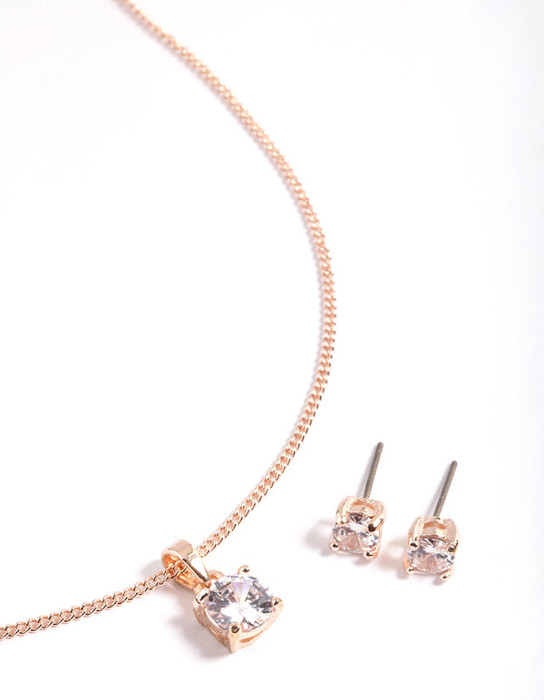 Rose Gold Cubic Zirconia Solitaire Necklace & Stud Earrings