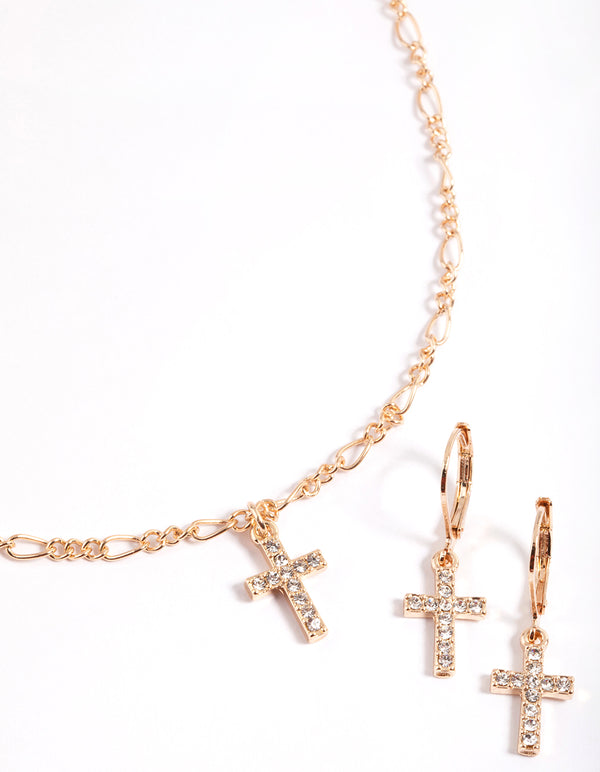 Gold Diamante Cross Necklace & Huggie Earrings
