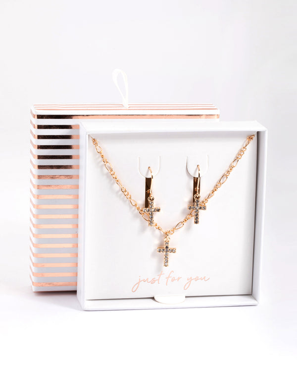 Gold Diamante Cross Necklace & Huggie Earrings