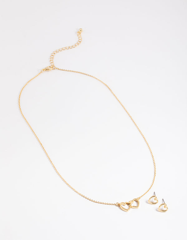 Gold Plated Linked Heart Necklace & Stud Earrings