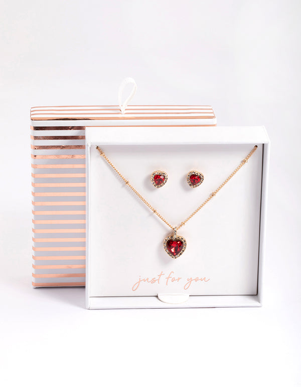 Gold Heart Halo Ball Necklace & Stud Earrings Set