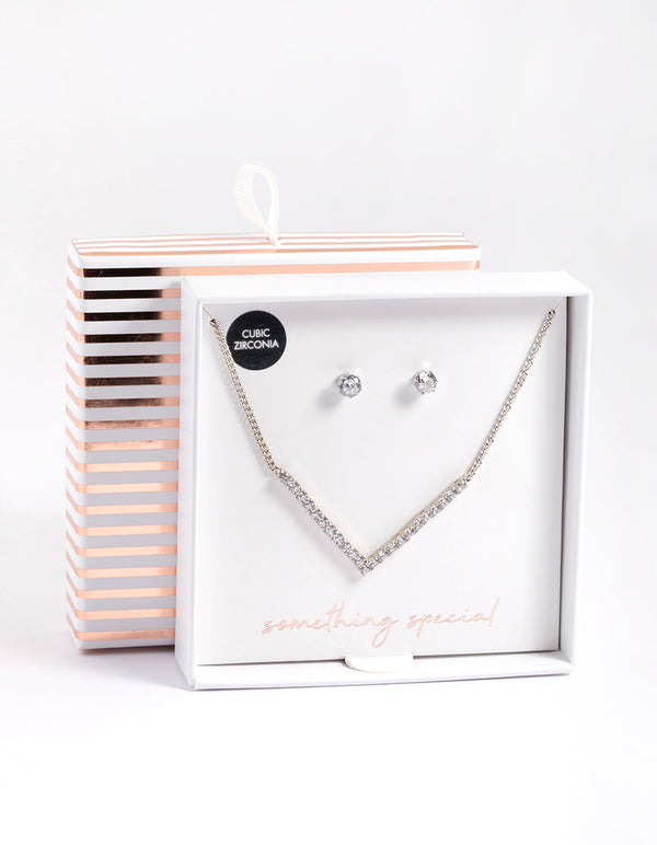 Rhodium Cubic Zirconia Necklace & Stud Earrings