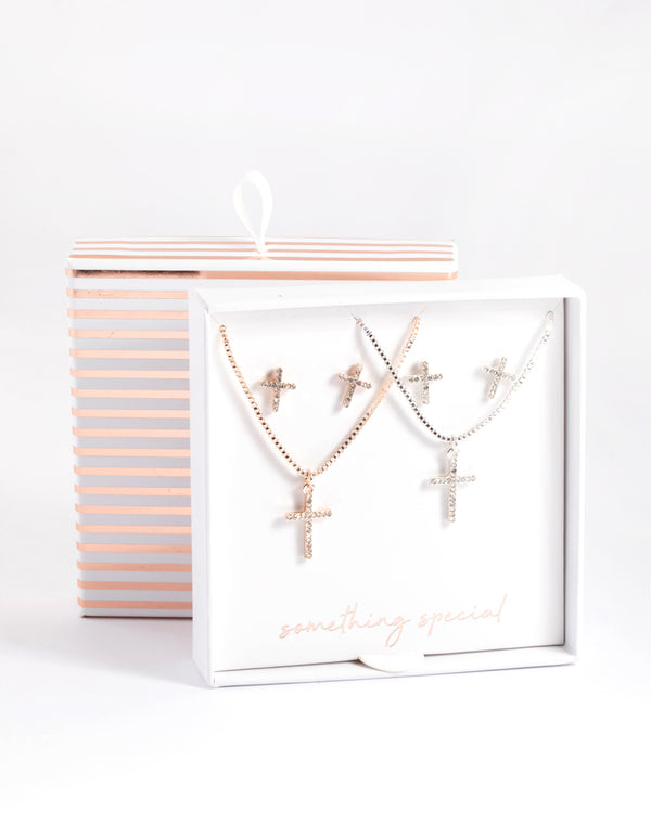 Mixed Metal Diamante Cross Necklace & Stud Earrings