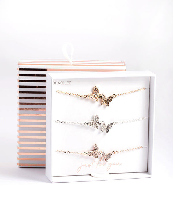 Mixed Metal Pave Butterfly Bracelet Pack