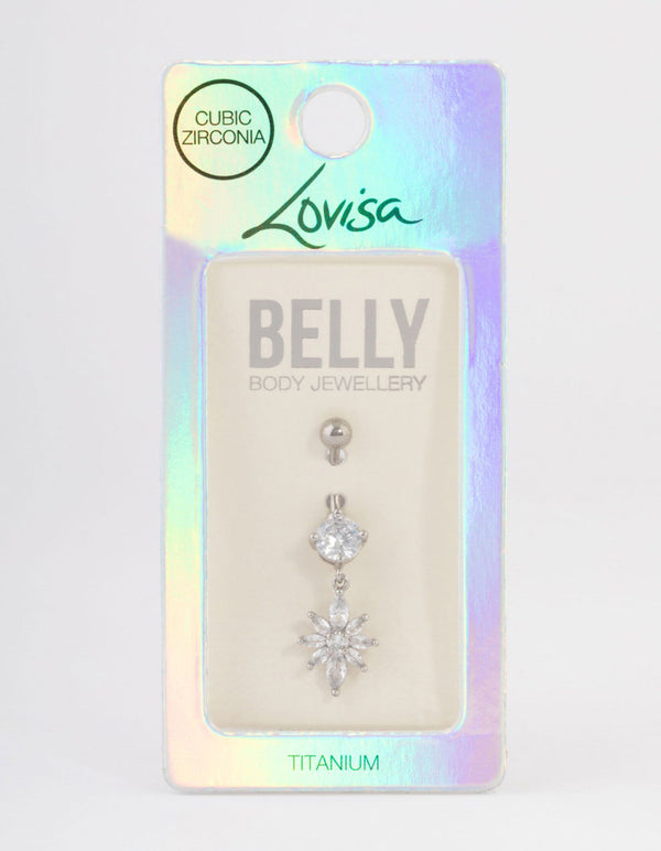 Titanium Cubic Zirconia Eight Petal Flower Belly Ring