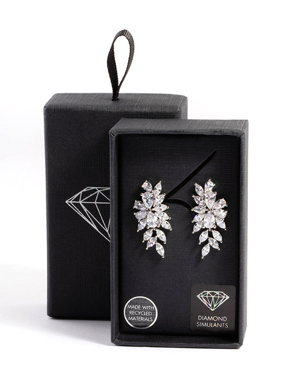 Silver Diamond Simulant Floral Drop Earrings